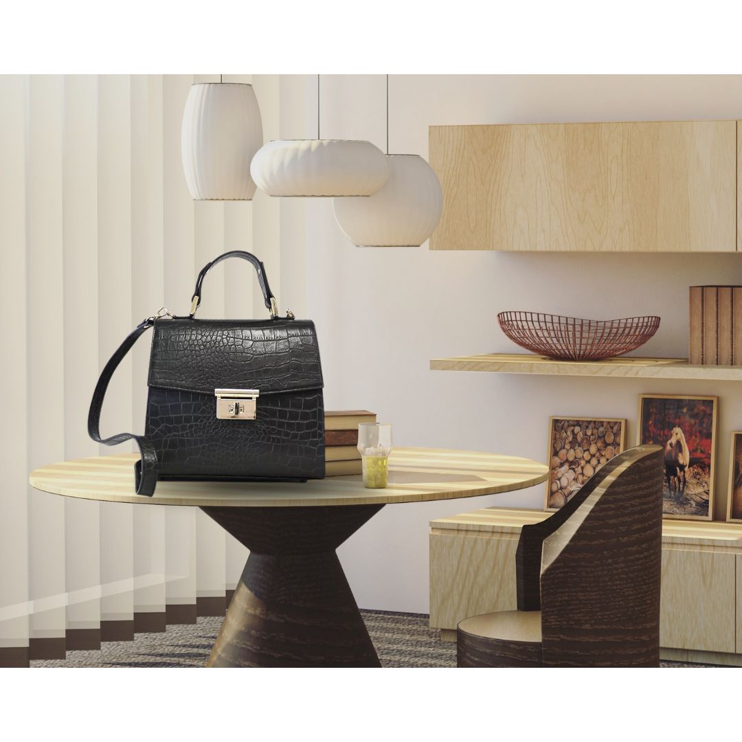 Schwarze Lederhandtasche Krokoprägung mit stabilem Tragegriff und abnehmbarem Riemen
