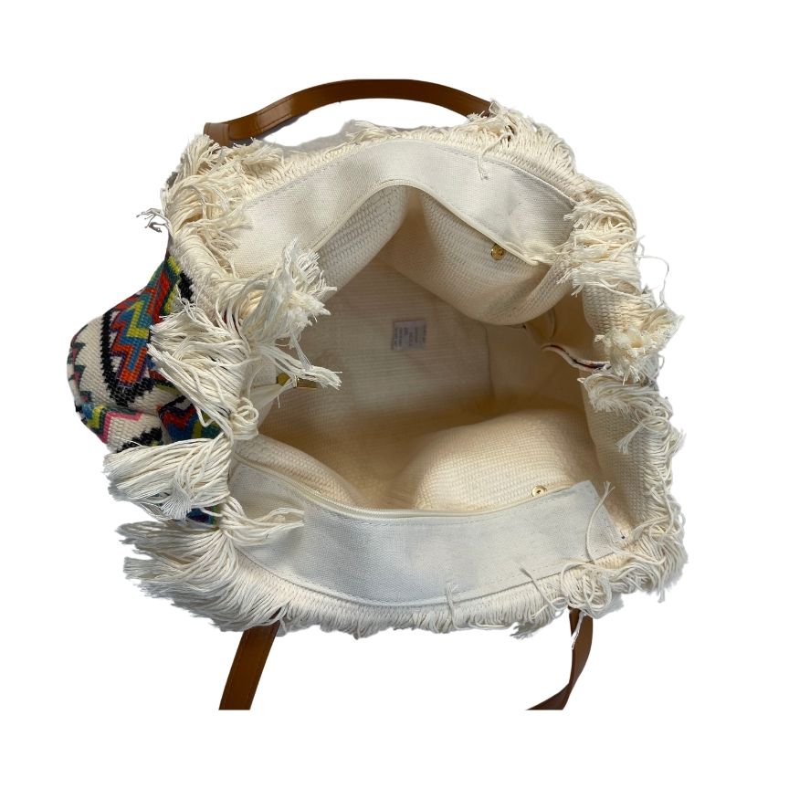 Mehrfarbige Strandtasche sommerliche Shoppertasche groß mit Fransen Innenansicht