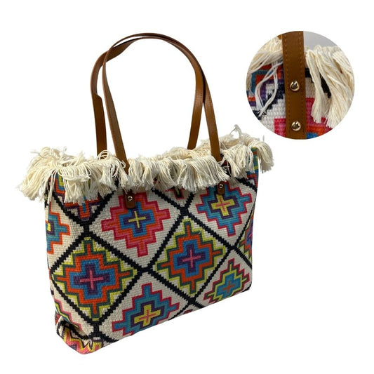 Mehrfarbige Strandtasche sommerliche Shoppertasche groß mit Fransen