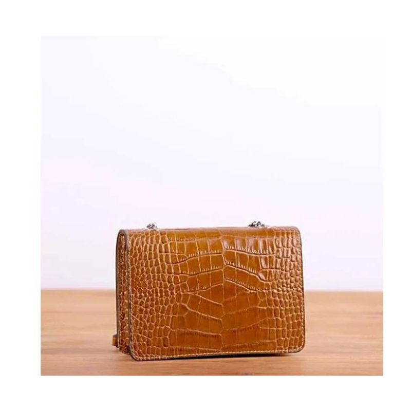 Bronze Braun Minimalistische Handtasche Abendtasche aus Leder bronze  Kroko-Prägung mit Metallkete