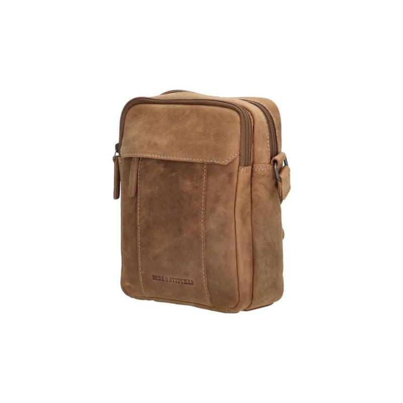 Leder Umhängetasche Herren Edle Echtledertasche braun Vorderseite mit Reißverschlussfach