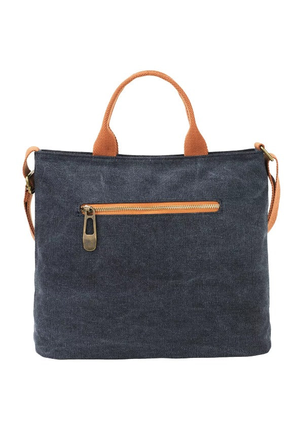 Rückansicht Handtasche stabiles Baumwolltuch mit Lederapplikationen mit Seitentasche, am Tragegriff oder über der Schulter getragen