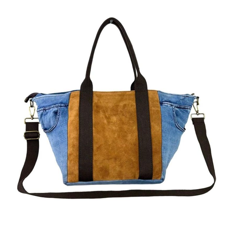 Wildleder-Denim Shopper im trendigen Trapez-Design bronze