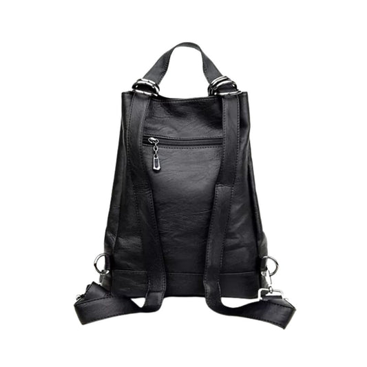 Rückansicht Schwarzer Mehrzweckrucksack, der als Umhängetasche und Rucksack getragen werden kann