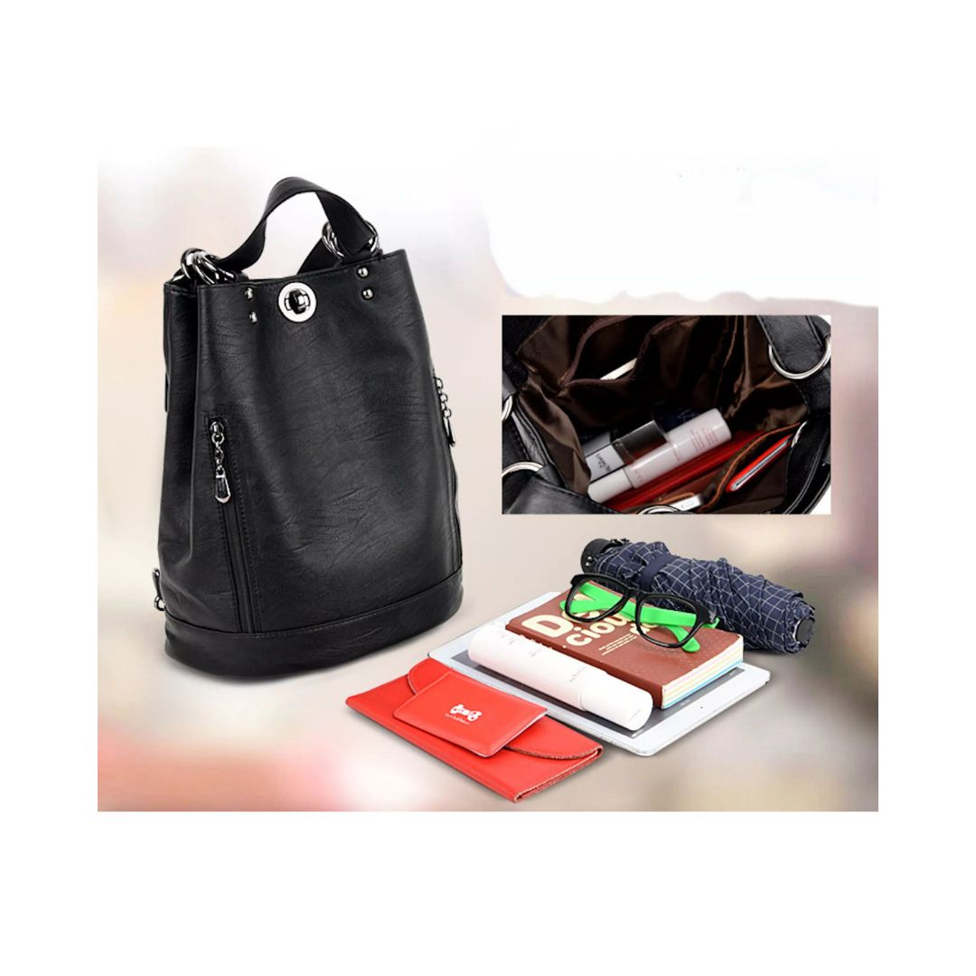 Gefüllter Schwarzer Rucksack, der als Umhängetasche und Rucksack getragen werden kann