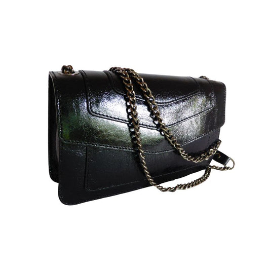 Abendtasche Clutch Party Leder Abendtasche schwarz glänzend Tragekette Metall