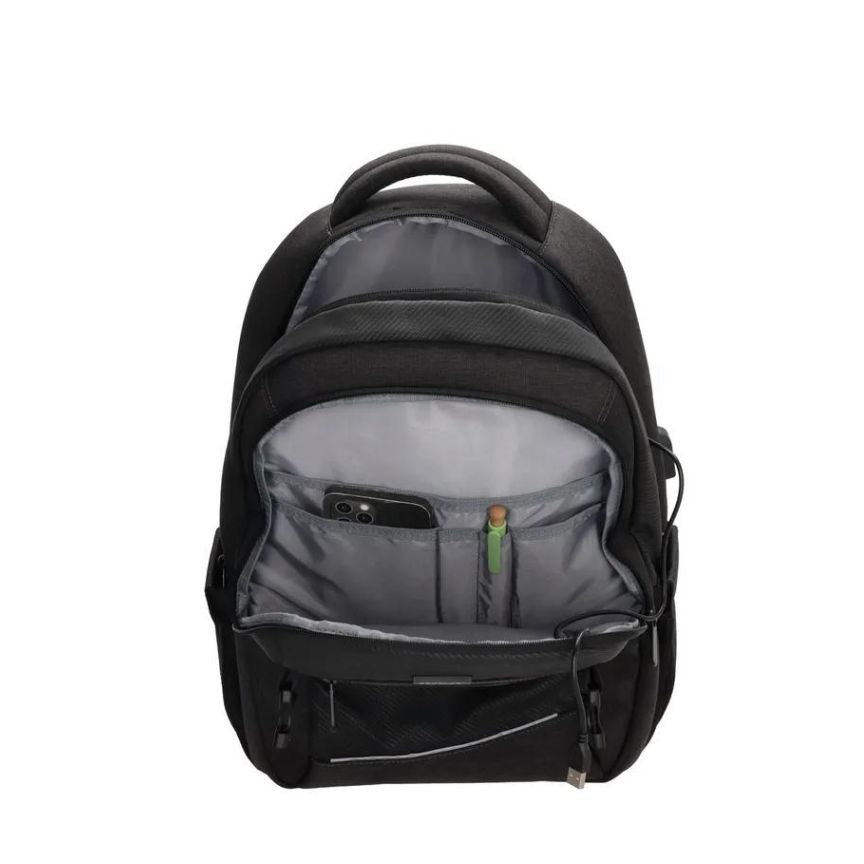 Schwarzer Business-Rucksack mit Laptopfach und USB Anschluss