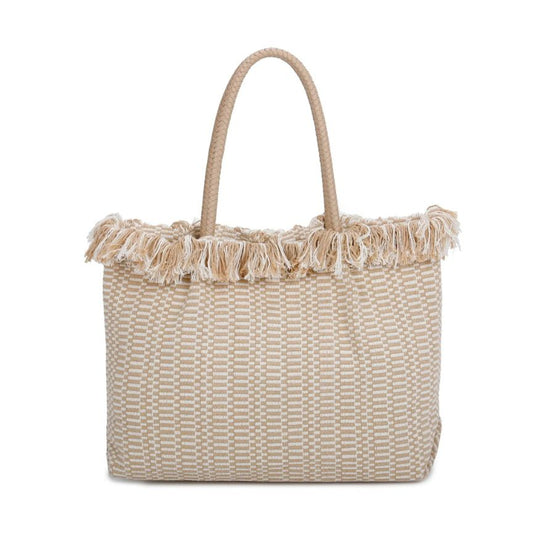 Mehrfarbige Strandtasche sommerliche Einkaufstasche groß beige Fransendesign