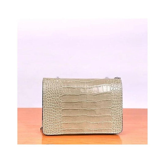 Minimalistische Handtasche Abendtasche aus Leder beige Vorderseite Kroko-Prägung