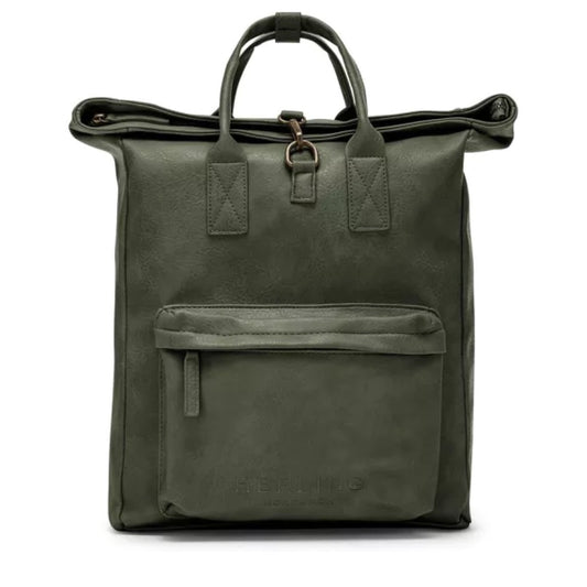 Dunkelgrüner wasserfester Rolltop Rucksack stabile Tragegriffe und Aussentasche