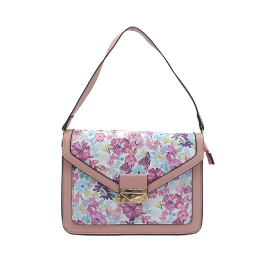 Damen Handtasche mit Blumenmuster bunt, elegant, goldfarbenem Kettenriemen rosa Farbe