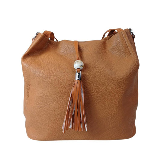 Umhängetasche Damen Shopper Einkaufstasche braun veganes Leder, Quastendetail