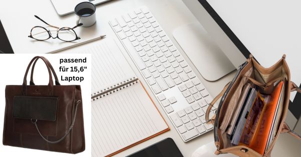 Damen Leder Business-Tasche Laptopfach 15" braun auf Schreibtisch