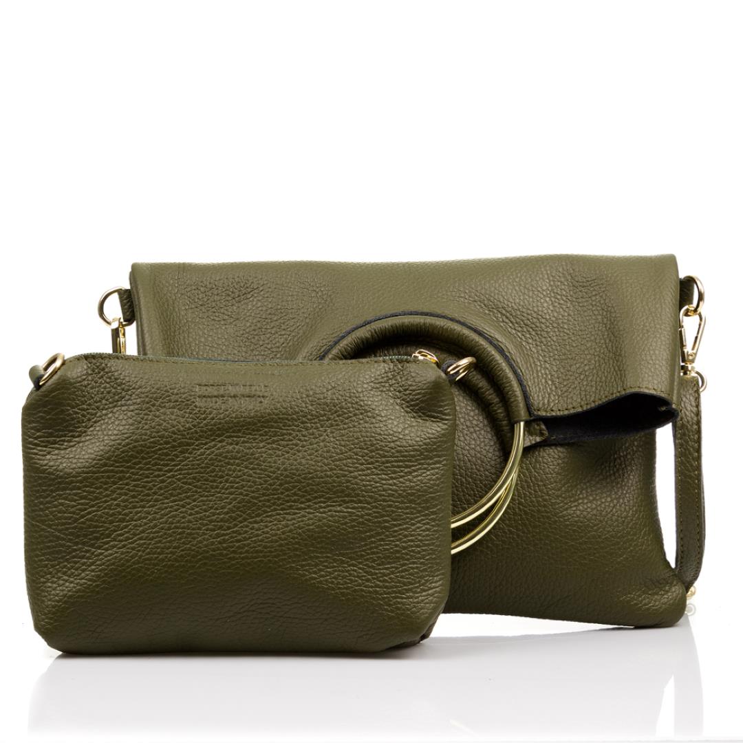 Zweiteilige Top Qualität waldgrüne Leder Abendhandtasche mit runden Metallgriffen