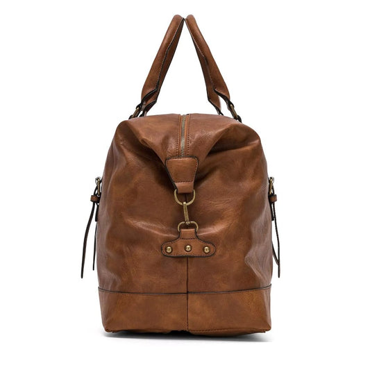 Seitenansicht Details Braun geräumige Reisetasche aus PU-Leder stabile Griffe und Beschläge