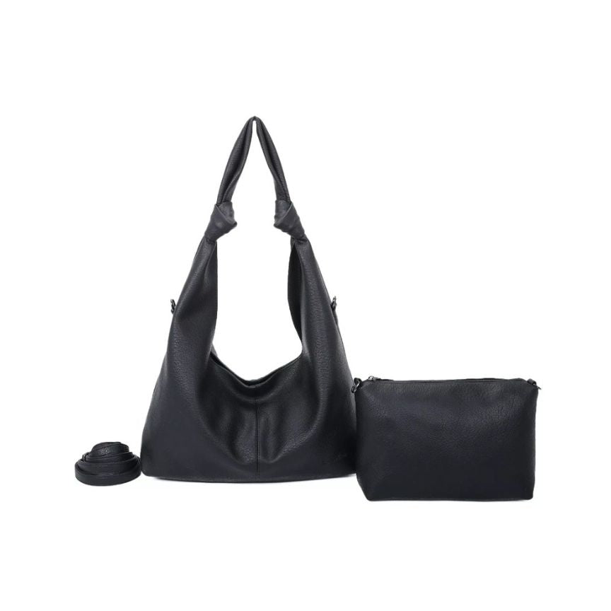 Damen Schwarze Schultertasche - schwarz, mittelgroß, 2-er Set