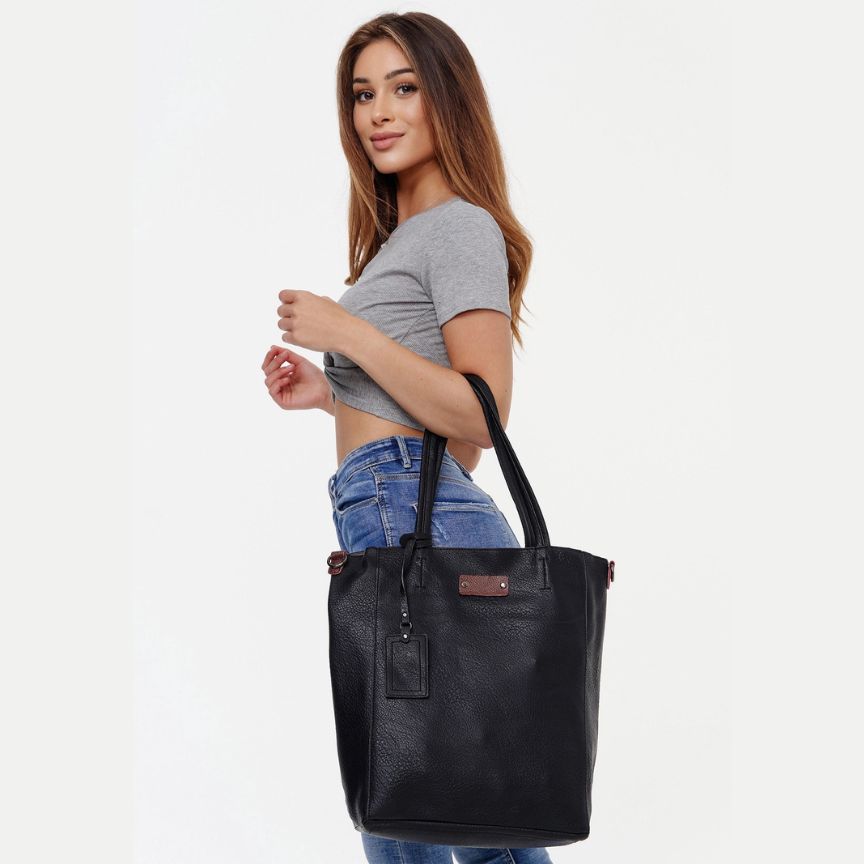 Damen Einkaufstasche - Shopper im schlichten Design - 2 Teiliges Set, schwarz