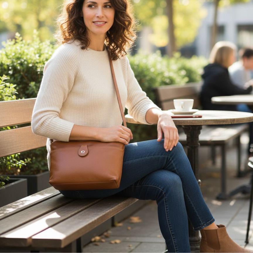 Italienische Damen Schultertasche aus Leder - Fronttasche mit Knopf