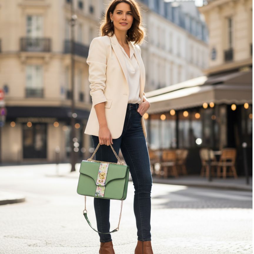 Damen Handtasche mit buntem Blumenmuster & goldfarbenem Kettenriemen