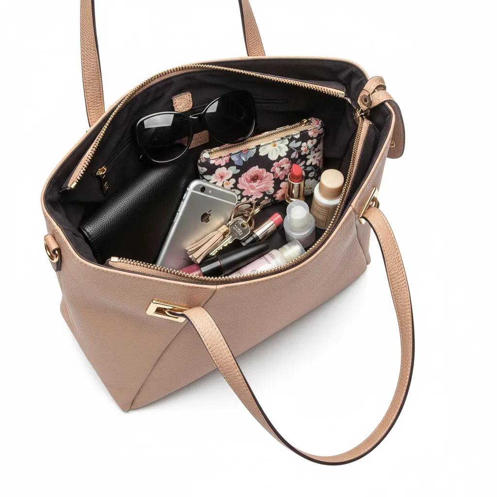 Damen Leder Henkeltasche mit goldfarbenen Details - Moderner Shopper