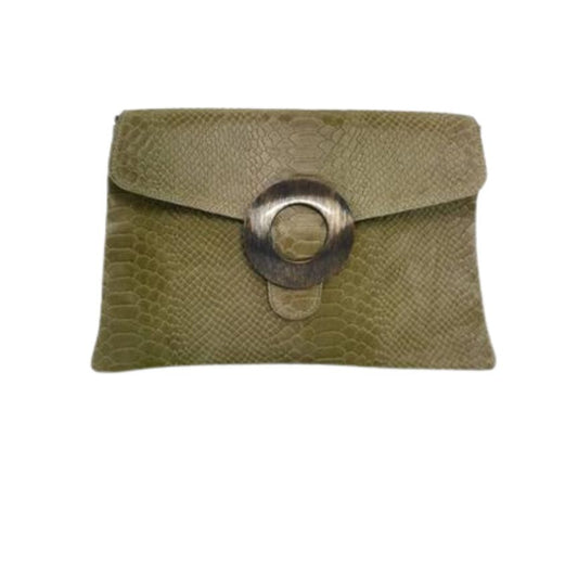 Damen Leder Handtasche mit runder Metallschnalle Schlangenoptik grün