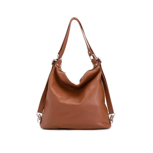 Frontseite der Damen Shopper Tasche aus Leder-tragbar als Umhaengetasche oder Rucksack bronze