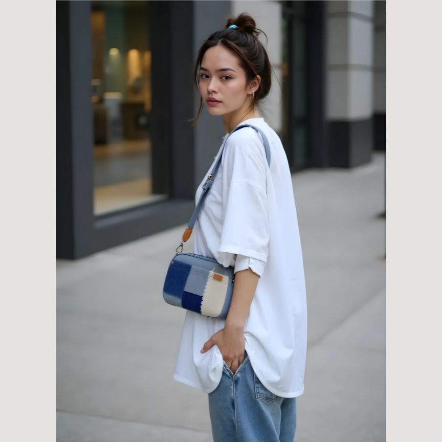Sommerliche Crossbodybag aus Denim Patches blau-beige
