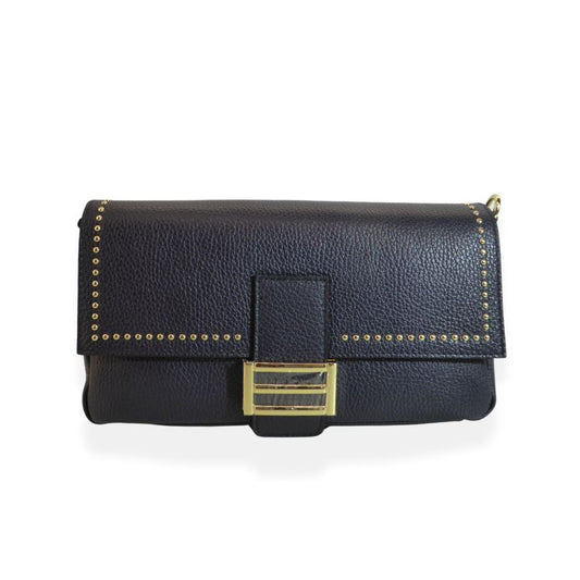 Elegante italienische Damen Leder Party Clutch mit goldfarbenen Details dunkelblau