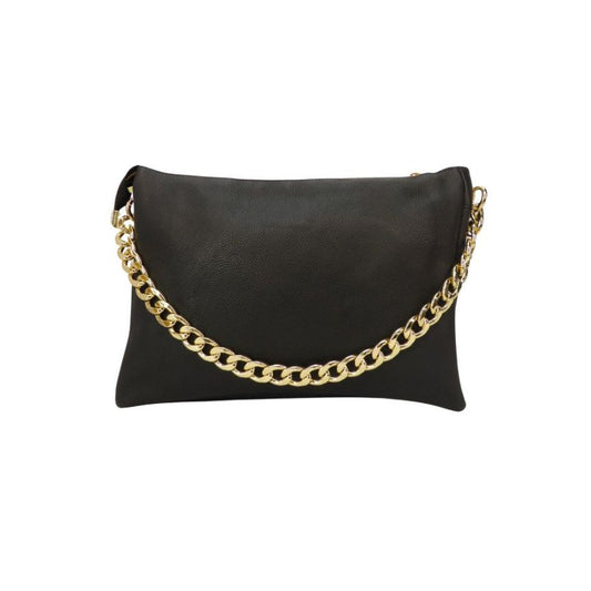 schwarze Elegante Damen Leder Clutch mit goldfarbenen Kettendetails