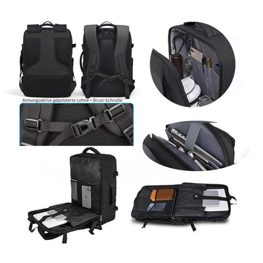 Flexibel erweiterbarer Rucksack für Flugreisen, Wochenendtrips und Business-Reisen