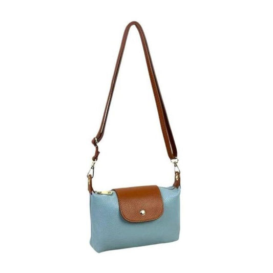 edle Italienische Leder Crossbody Bag mit Klappe und langem Schulterriemen blau