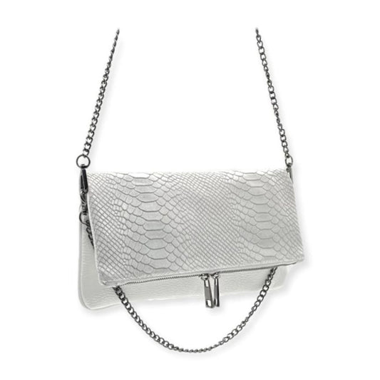 Luxuriöse Clutch aus Leder mit Schlangenhautoptik und kette Details grau