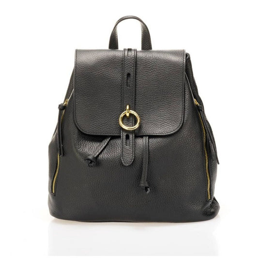 schwarzer Luxuriöser Italienischer Damen Leder-Rucksack mit schöne goldfarbenen Schnalle und Reißverschluss