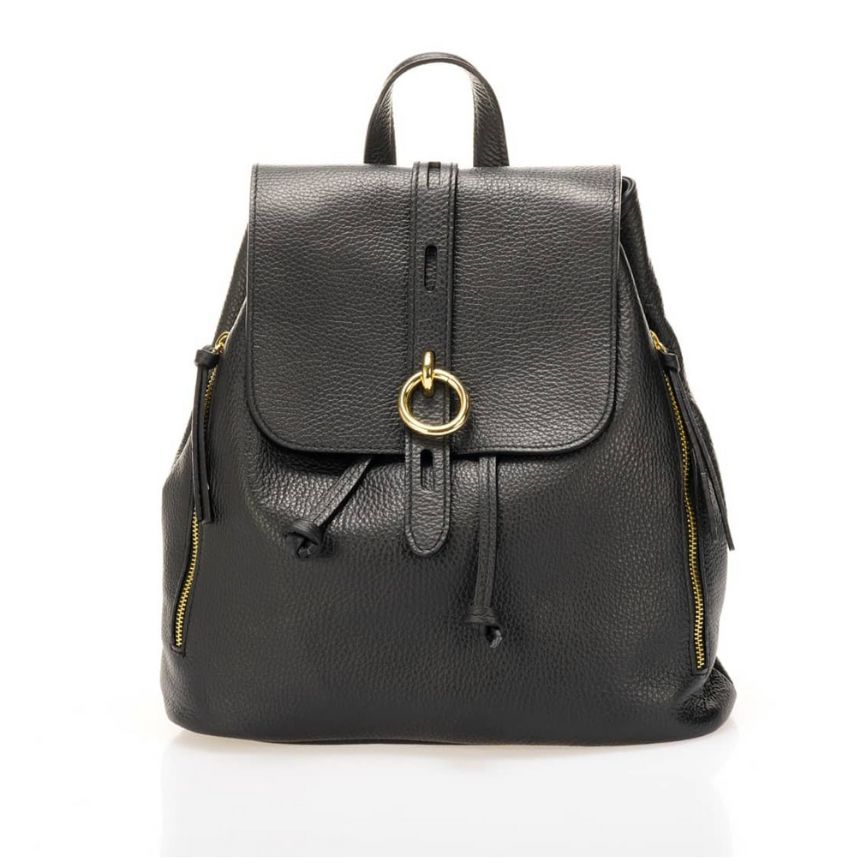 schwarzer Luxuriöser Italienischer Damen Leder-Rucksack mit schöne goldfarbenen Schnalle und Reißverschluss