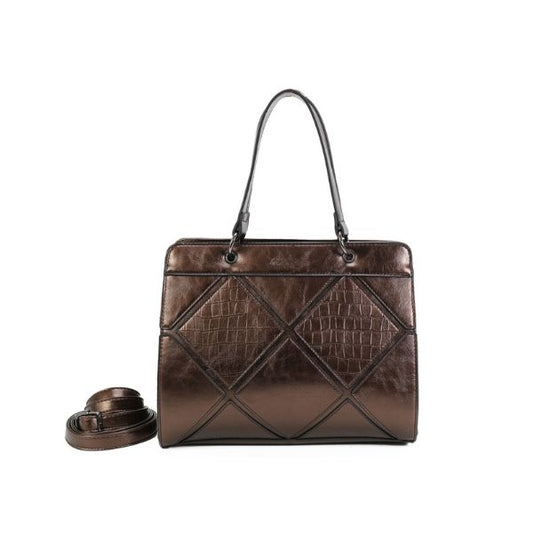 Elegante Damen Tote-Umhängetasche bronz braun glanz Farbe fürs Büro und freizeit