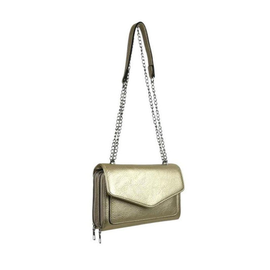 elegante Damen Handtasche für Events mit zwei Fächern und Kettenriemen - mittelgroß gold