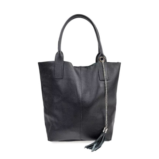 Schwarze zweiteilige Lederumhängetasche mit Kette und schönem Quastendetail