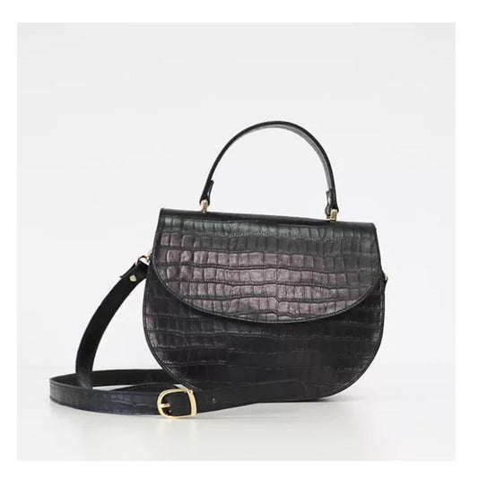 Schwarze  Handtasche Echtleder Schlangengravur  mit Tragegriff und abnehmbarem, verstellbaren Riemen