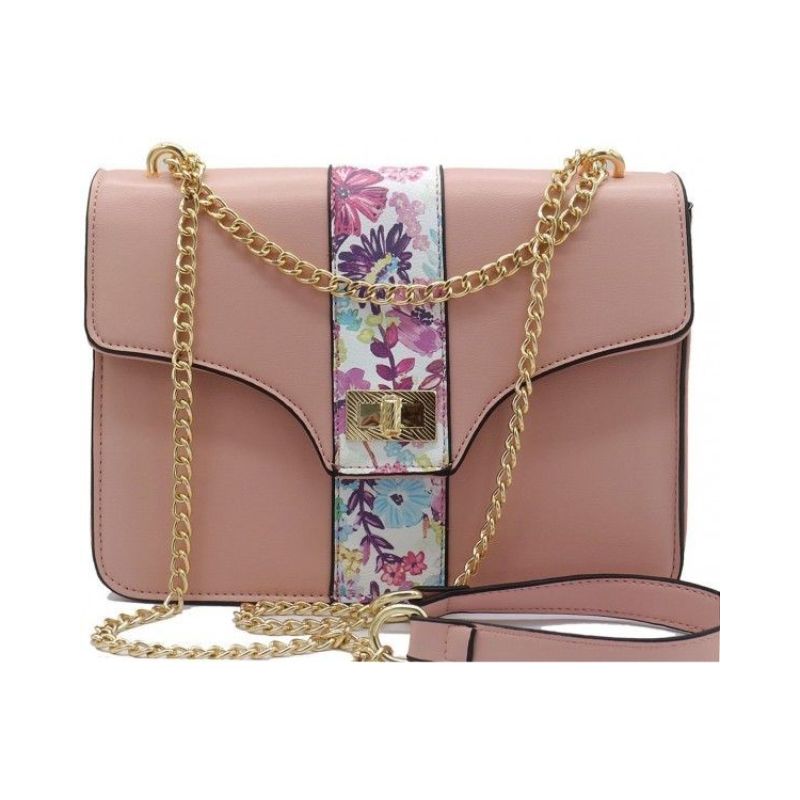 Damen Handtasche mit Blumenmuster bunt, elegant, goldfarbenem Kettenriemen rosa Farbe
