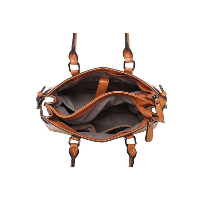 Draufsicht Innenansicht Elegante Tragetasche mit zwei Haupt- und diversen Nebenfächern in camelfarben oder schwarz