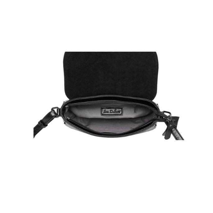 Draufsicht Innenansicht coole schwarze Damentasche mit Metall Details und Nieten