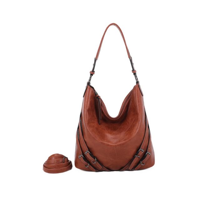 Designer Damen Schultertasche mit Schanllenapplikationen in schwarz und camelfarben