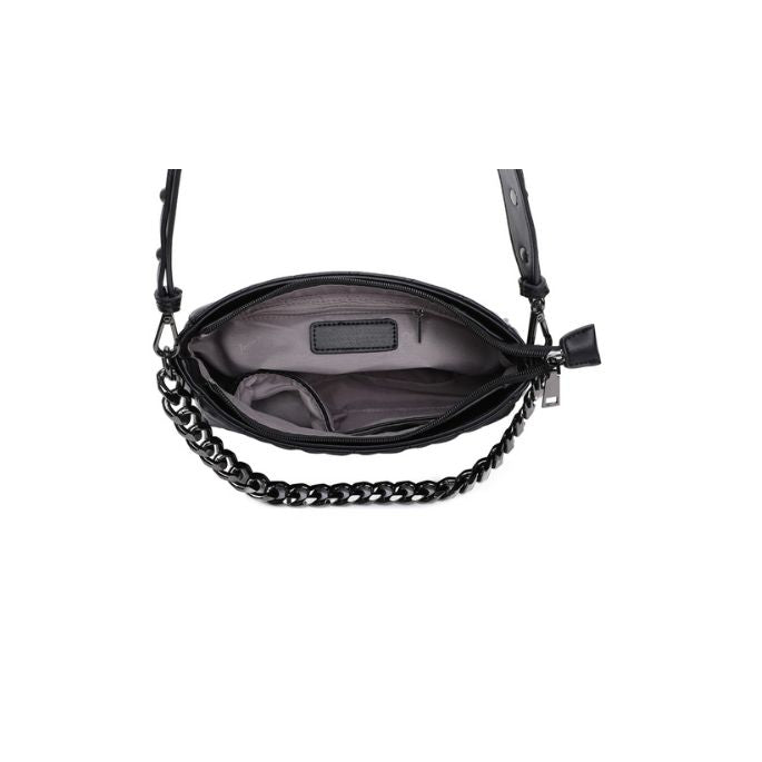 Draufsicht Innenansicht coole Designer Abendtasche im Stepp Design schwarz