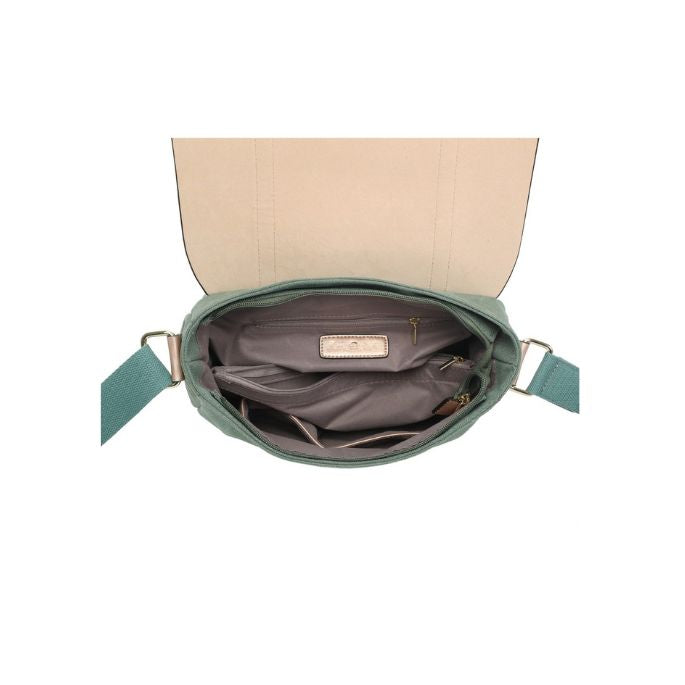 Draufsicht Innenansicht coole Grün Messenger-Tasche zweifarbig Kunstleder Canvas Mix