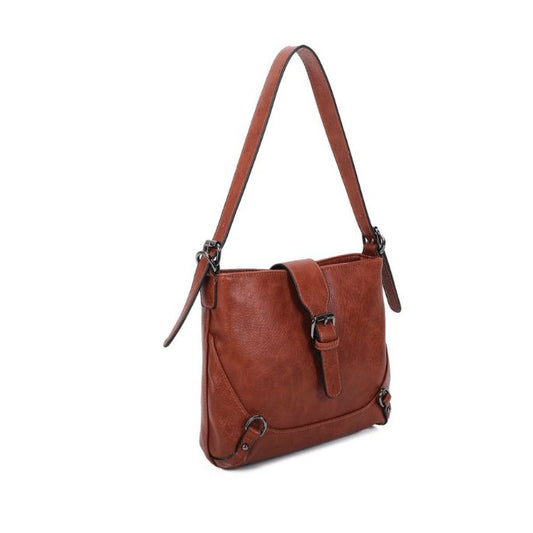 Seitenansicht Camelfarbene Designer Handtasche geräumig stabil mit Metall Details