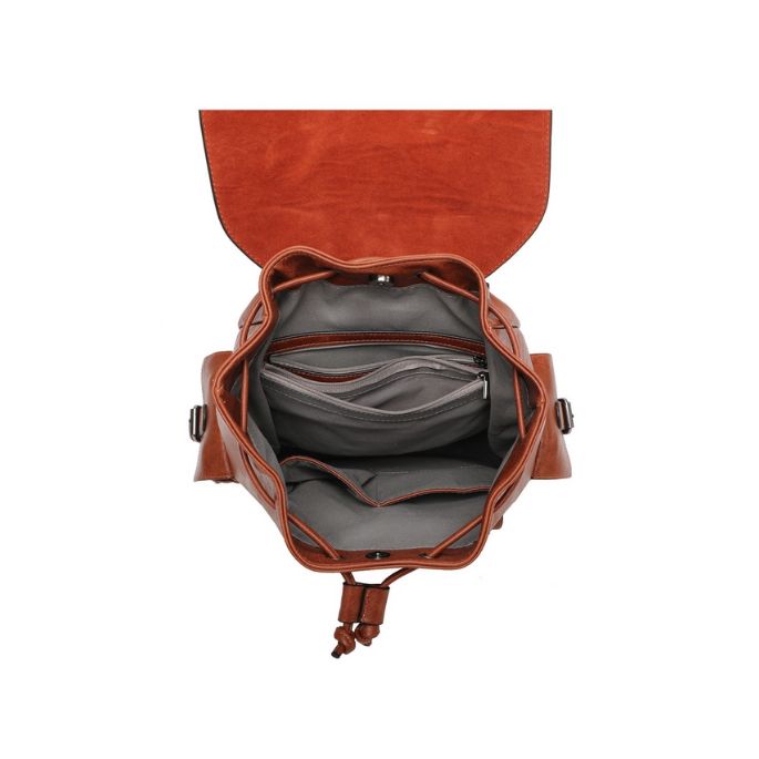 Draufsicht Innenansicht moderner Rucksack mit vielen Seitentaschen, trendy, geräumi