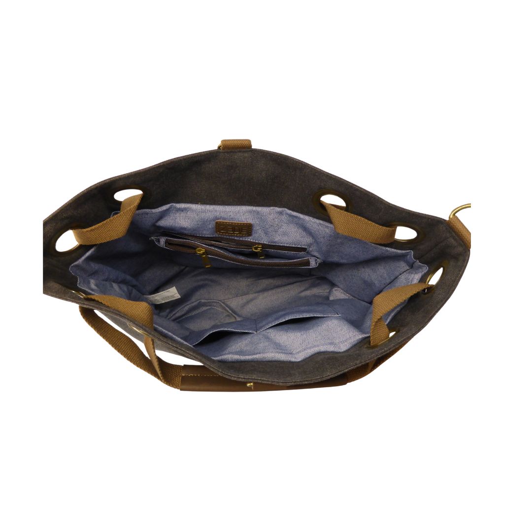 Innenansicht Damen-Mehrzweckreisetasche aus stabilem Segeltuch und Leder Gepäck Wochende Overnight Tasche