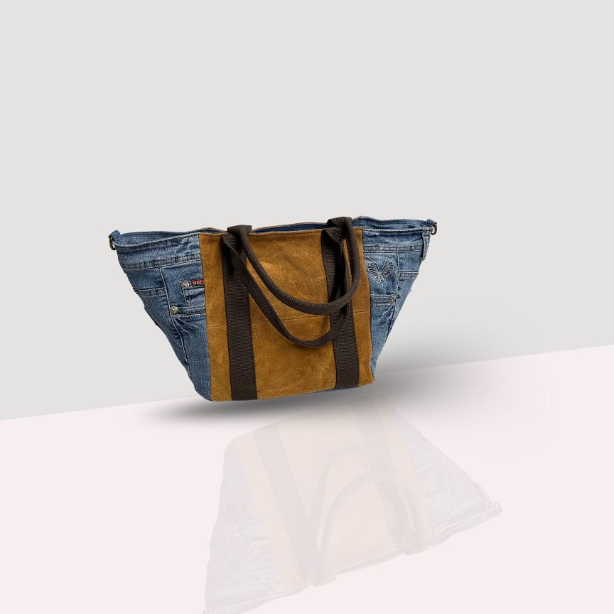 Trendige Widleder-Denim Shoppertasche bronze braun blau