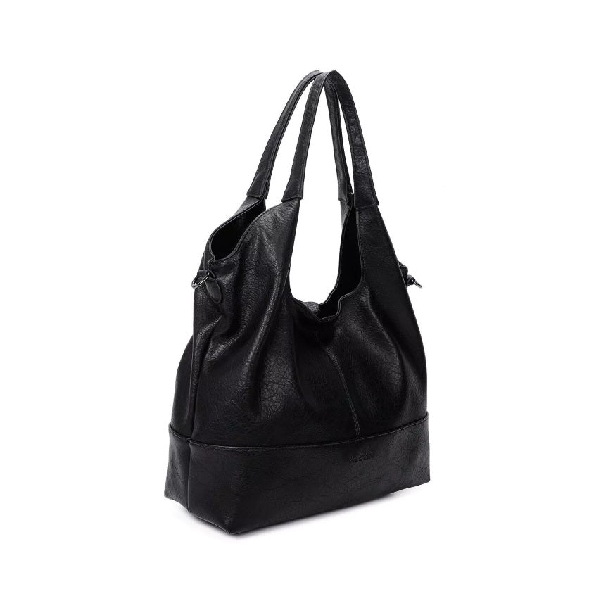 Seitenansicht Schwarze elegante Umhängetasche mit stabilen Tragegriffen und abnehmbarem Schultergurt