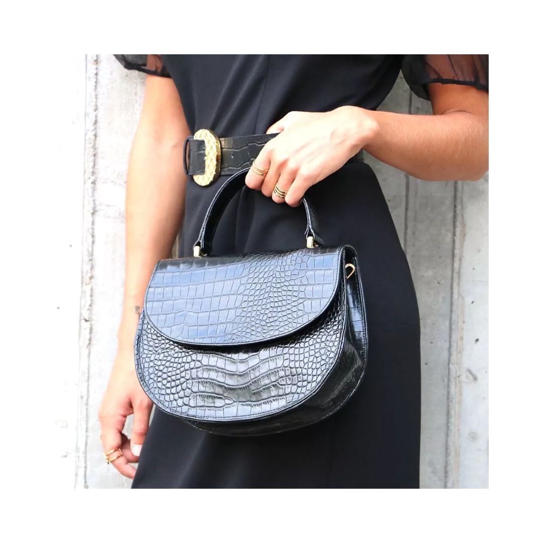 Handgetragene Schwarze  Handtasche Echtleder Schlangengravur  mit Tragegriff und abnehmbarem, verstellbaren Riemen